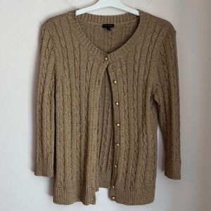 Talbots Gold metallic holiday Cable Knit sparkle Cardigan sweater Women’s large